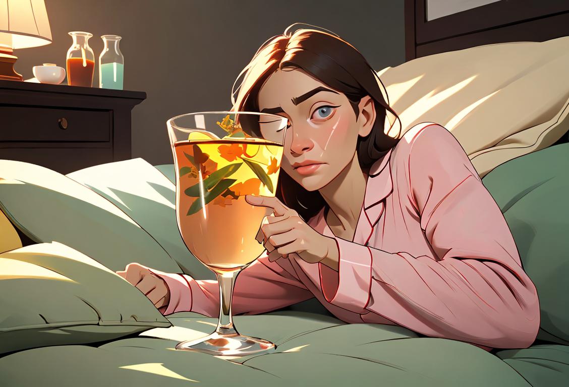 A person in cozy pajamas, holding a glass of water, surrounded by herbal tea and vitamins..