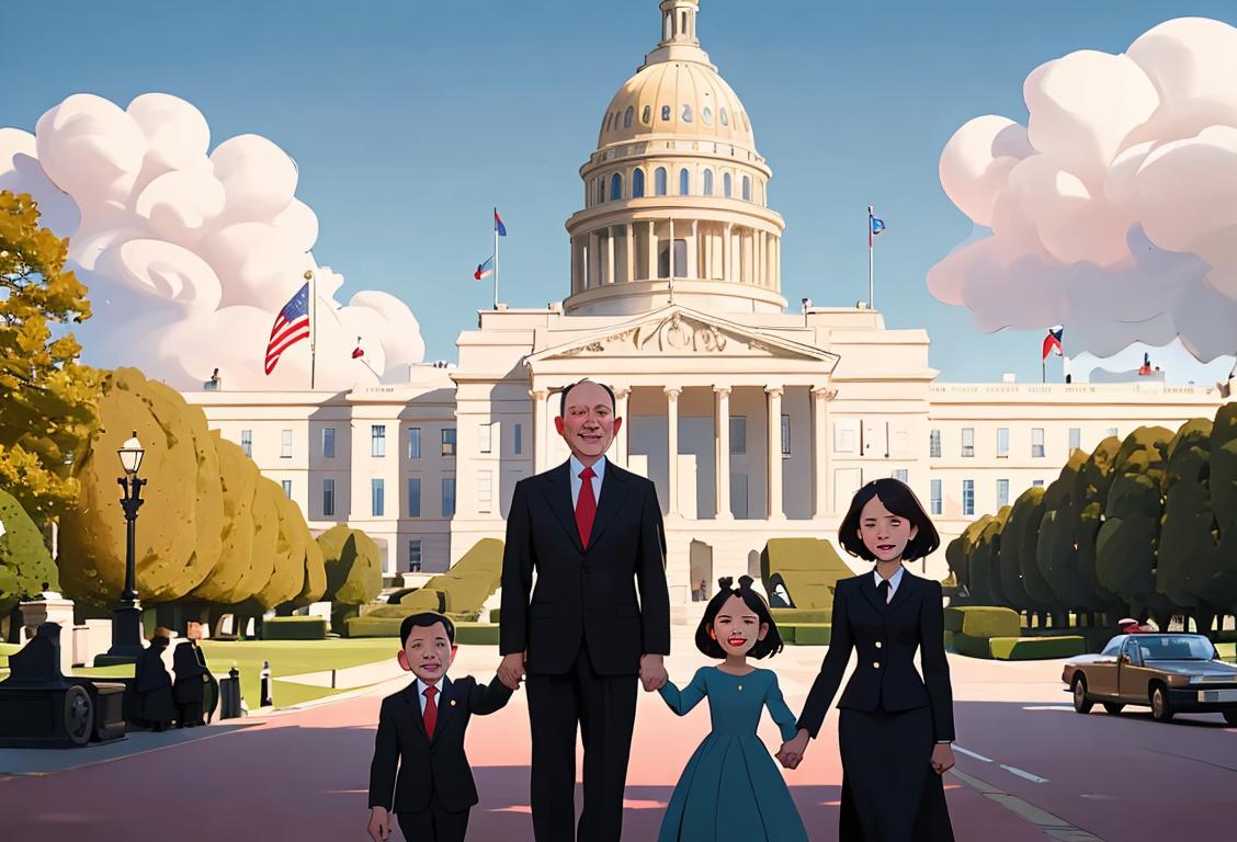 Happy family in front of a grand government building, dressed in formal attire, bustling city scene, with a touch of patriotic colors..