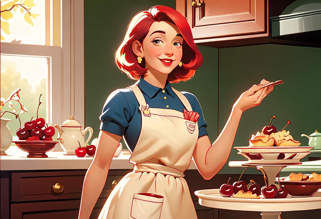 A cheerful person holding a tray of freshly baked cherry cobblers, surrounded by a wholesome kitchen scene, with colorful decorations and a vintage apron..