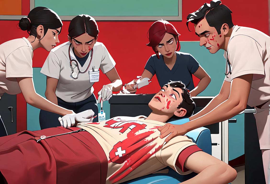 A diverse group of people, including a doctor, a teacher, and a firefighter, together at a blood donation center, wearing colorful t-shirts with the slogan 'Donate Blood, Save Lives' in a modern medical facility..