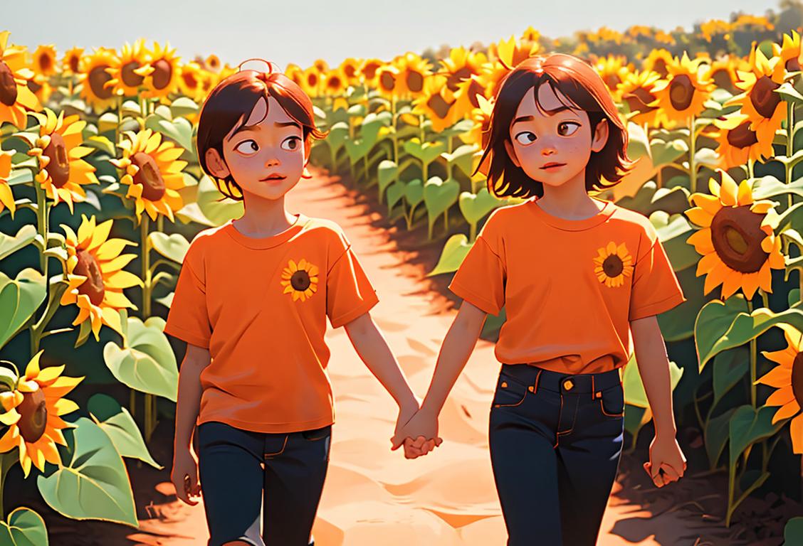 Young children wearing vibrant orange shirts, holding hands, walking through a sunflower field during a beautiful sunny day..