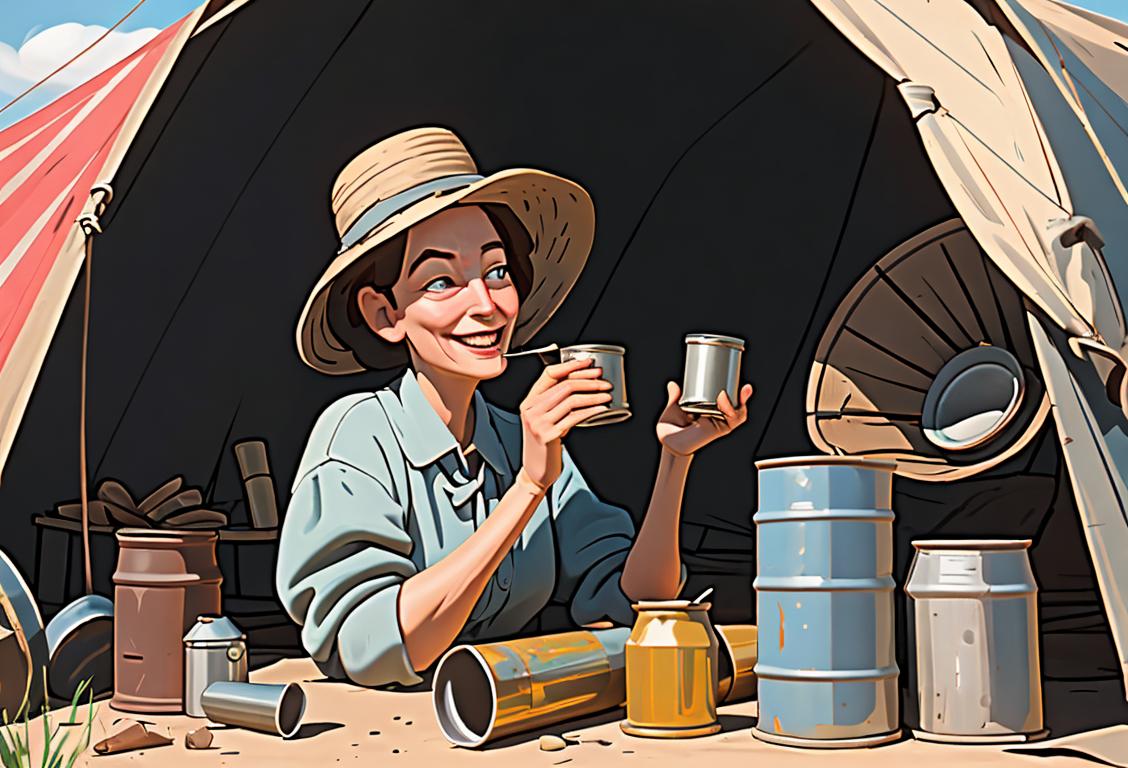 A cheerful person with a tin can hat, holding a tin can while surrounded by historical artifacts and modern gadgets..