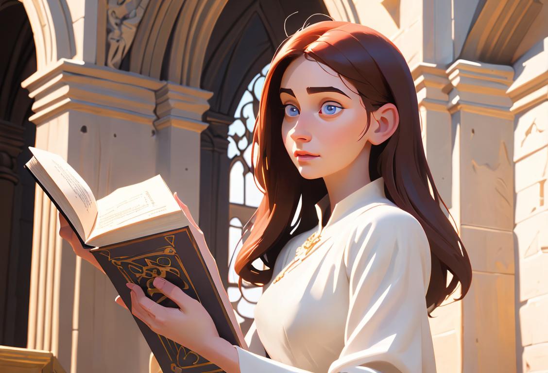 Young woman holding a book with a serene expression, wearing a flowing white dress, medieval castle setting..