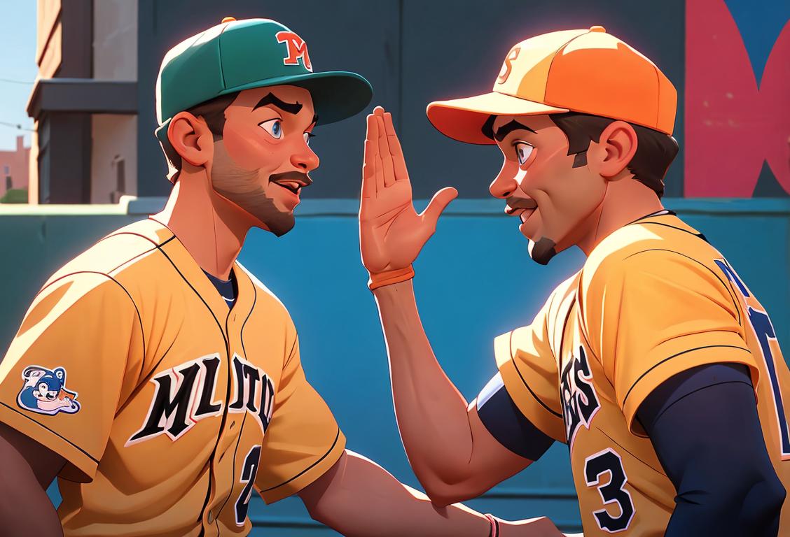 Two friends giving each other a high five, wearing matching baseball caps, in a vibrant city setting..