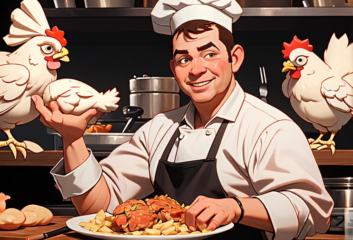 A smiling chef cooking a large chicken fried steak, wearing a chef's hat and apron, in a cozy, rustic kitchen setting..