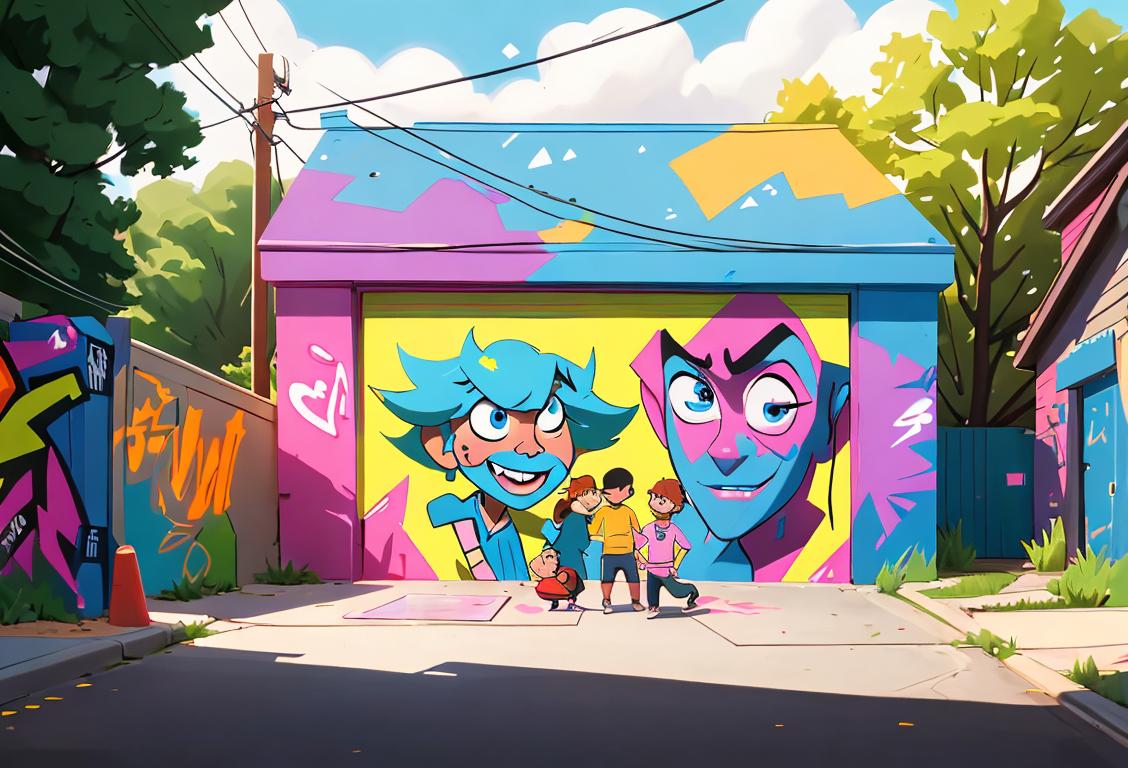 A happy family watching television on their driveway, surrounded by colorful graffiti art, wearing casual clothes, suburban neighborhood setting..