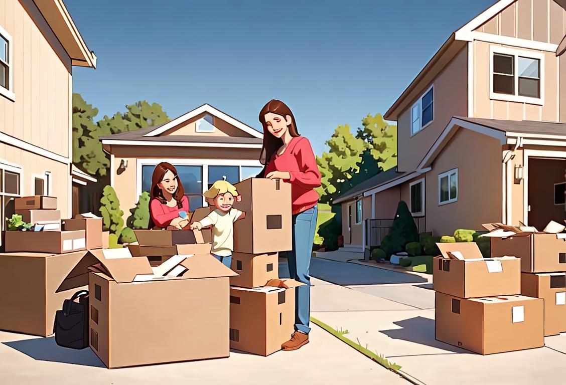 A family happily packing boxes in their cozy home, dressed in casual clothes, with a sunny suburban neighborhood in the background..