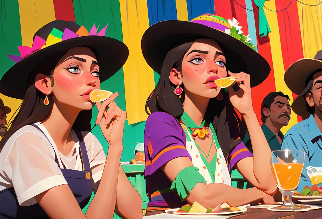 Young adults at a tequila tasting, wearing sombreros and colorful serapes, in a festive Mexican fiesta setting..