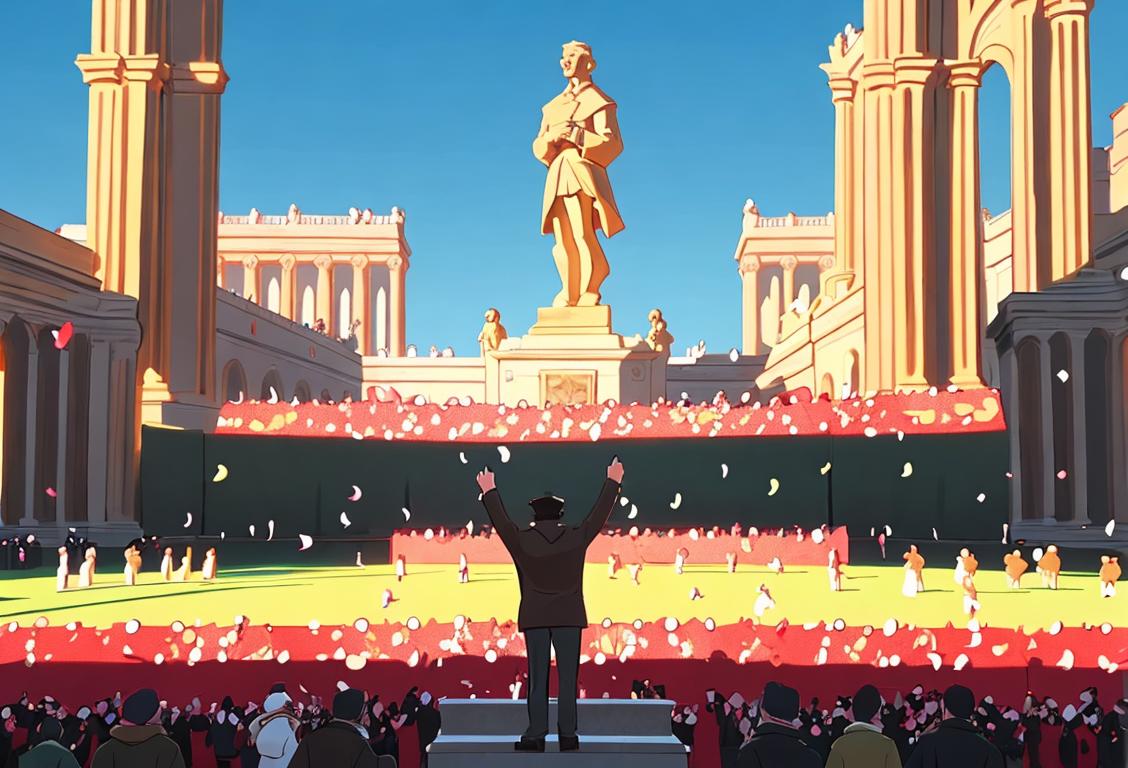 A person stands in awe in front of a majestic national monument, surrounded by a crowd of cheering people, capturing a moment of grandeur and joy..