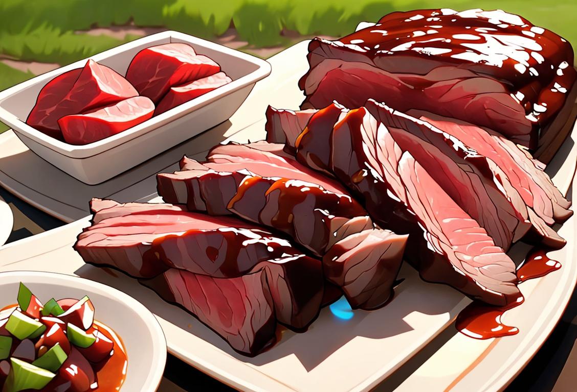 A mouthwatering image of a perfectly cooked beef brisket, served with a side of smoky barbecue sauce and accompanied by a rustic outdoor picnic setting..