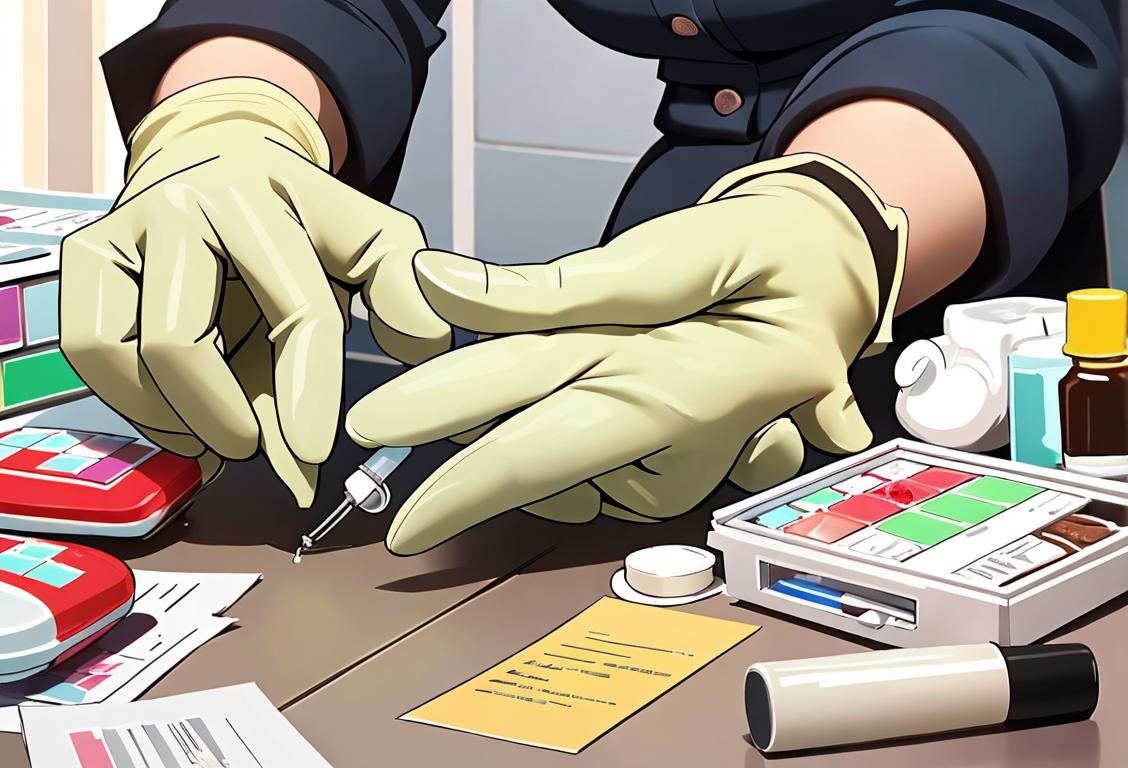 A person safely disposing of prescription medications, wearing gloves and following proper procedures, in a bright and clean pharmacy environment..