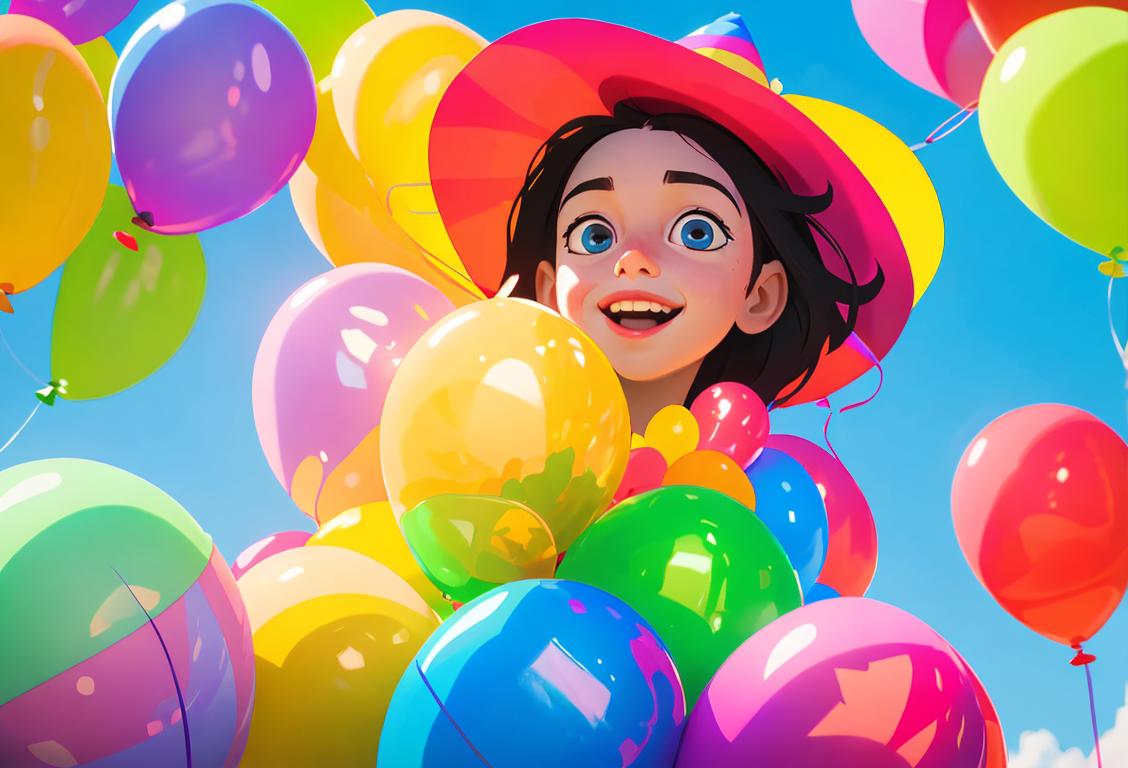 Happy kids holding balloons, wearing colorful party hats, celebrating National Observance of the Day in a vibrant outdoor setting..
