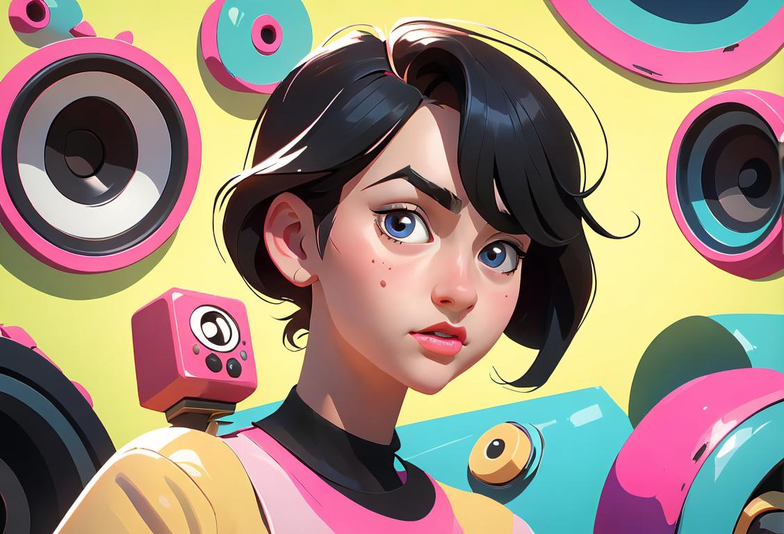 Young person wearing a kaeluc shirt, quirky fashion style, surrounded by vintage technology and colorful retro-themed decor..