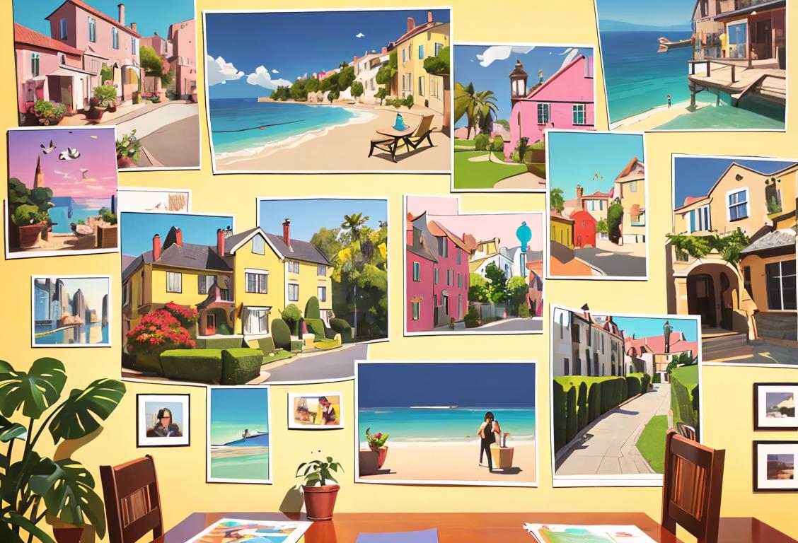 Inspiring collage of cut-out images featuring diverse people, dream destinations, cozy home decor, and motivational quotes in a sunny, creative setting..