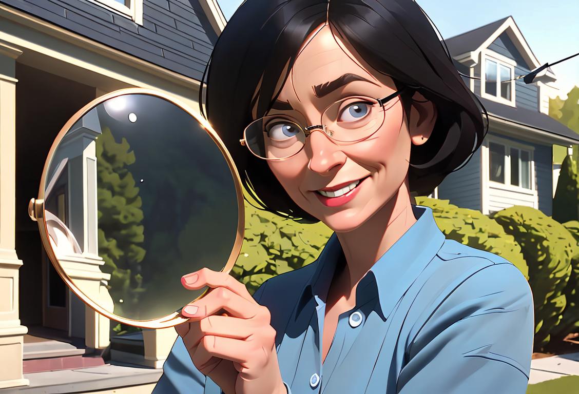 Smiling middle-aged woman in front of a house, holding a magnifying glass, wearing casual clothing, suburban neighborhood setting..