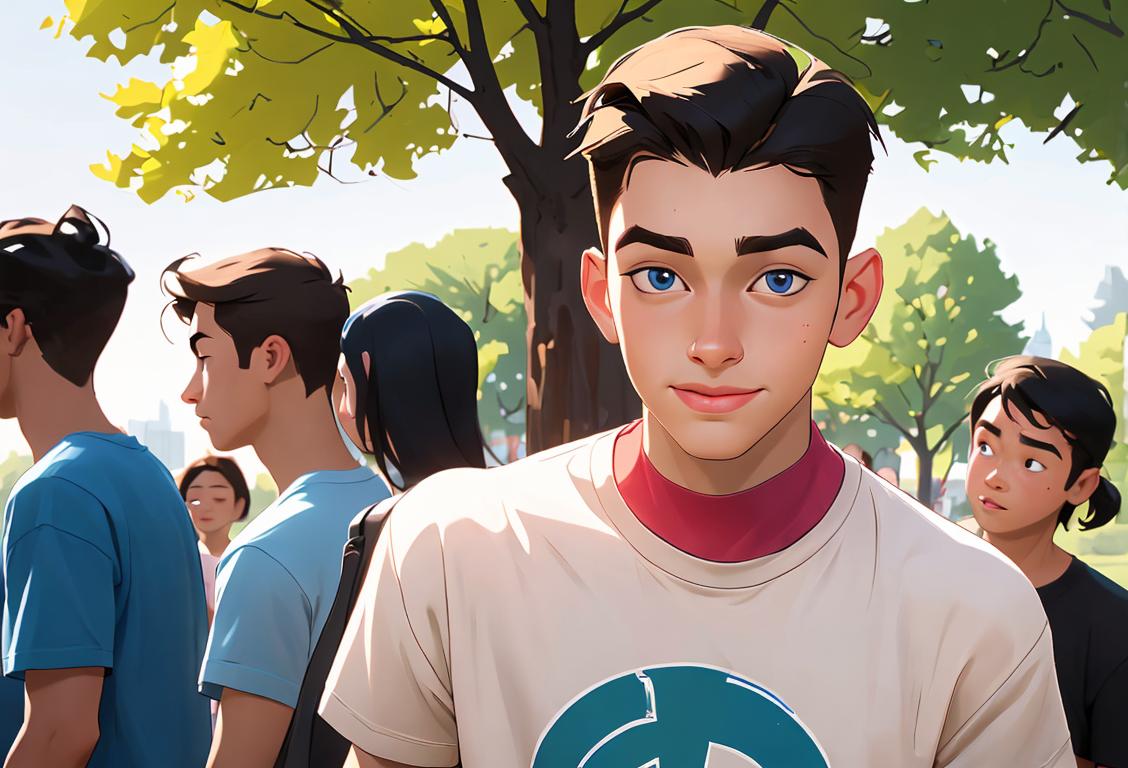 Happy young man wearing a t-shirt with the national awareness day emblem, surrounded by diverse group wearing trendy clothing, urban park setting..