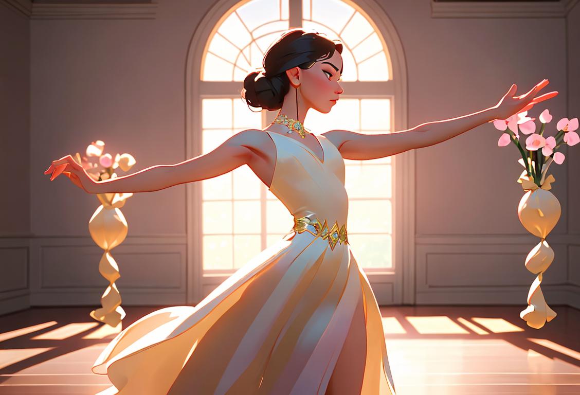 Young woman practicing a graceful ballet move in a beautifully adorned dance studio, wearing a flowing dress, surrounded by delicate flowers and soft lighting..