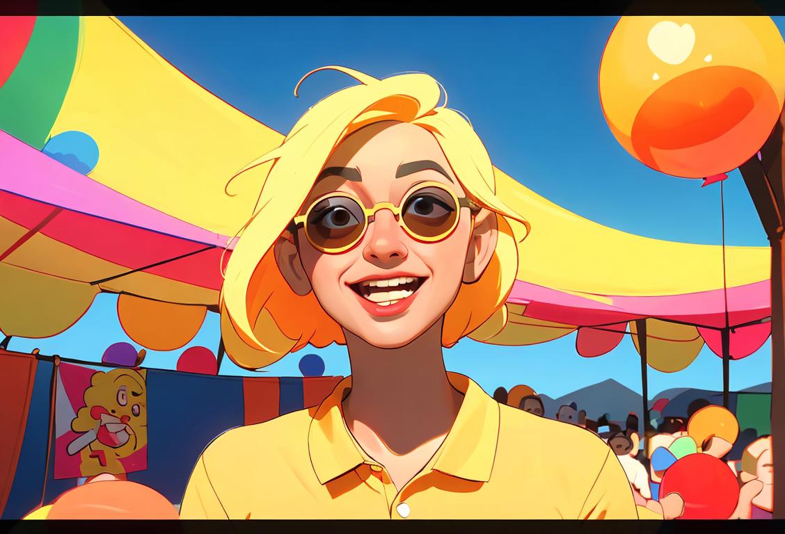 Happy person with colorful puhskinti-themed clothing, wearing sunglasses, surrounded by vibrant festival decorations in a spirited atmosphere..