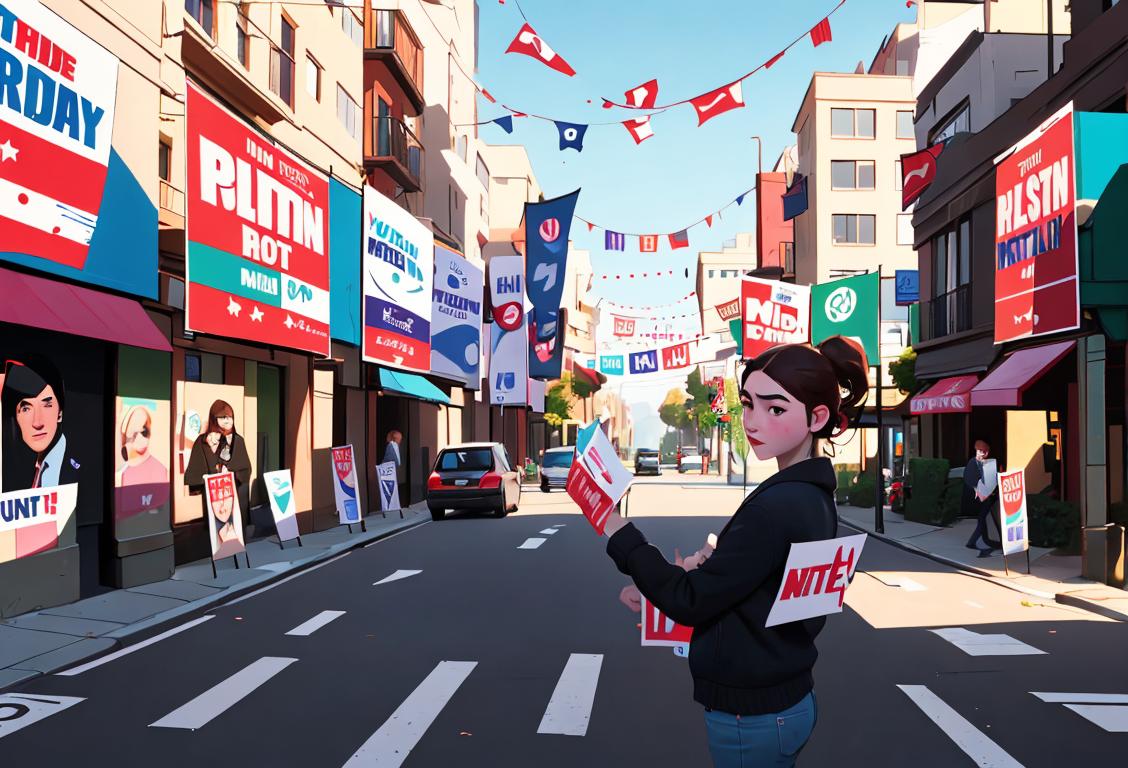 Young voters in casual attire, holding election signs, against a backdrop of bustling city streets and campaign posters..