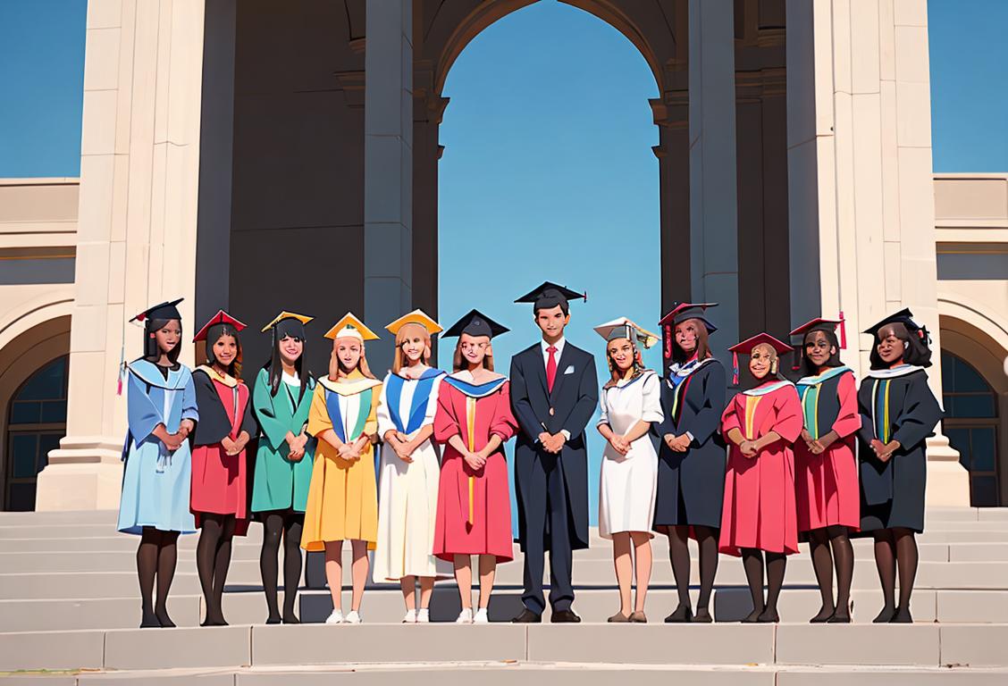 Group of diverse students holding hands, wearing graduation caps and gowns, standing in front of a university building..