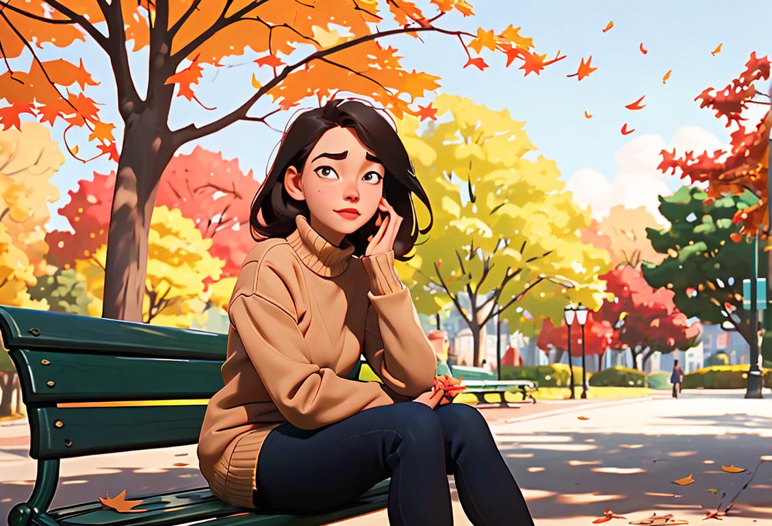 Young woman with a wistful expression, sitting on a park bench, wearing a cozy sweater, autumn leaves falling around her..