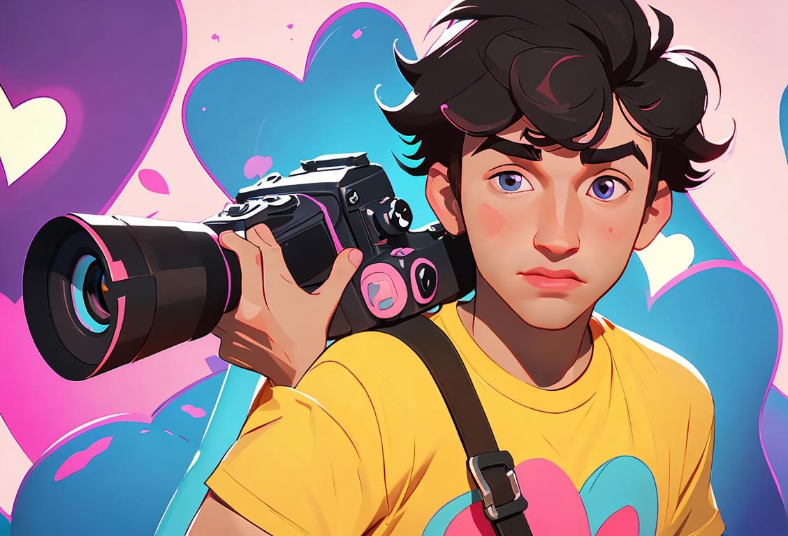 Young man wearing a JC Caylen branded t-shirt, stylishly holding a camera, surrounded by colorful YouTube play buttons and a heart-shaped background..