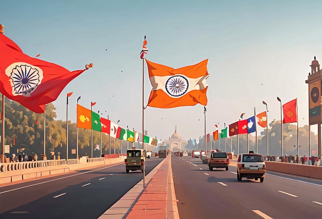 Group of people standing near a majestic flagpole at Delhi's Outer Ring Road, proudly hoisting the Indian tricolor on Republic Day. Vibrant outfits, diverse crowd, and a stunning cityscape in the backdrop..