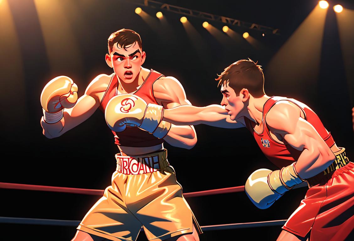 Boxer in the ring, muscles flexed, wearing boxing gloves, surrounded by cheering crowd, stadium lights shining down..