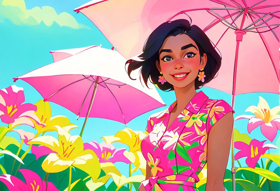 Happy, smiling woman in a vibrant and stylish Lilly Pulitzer outfit, surrounded by colorful flowers and a scenic summer backdrop..