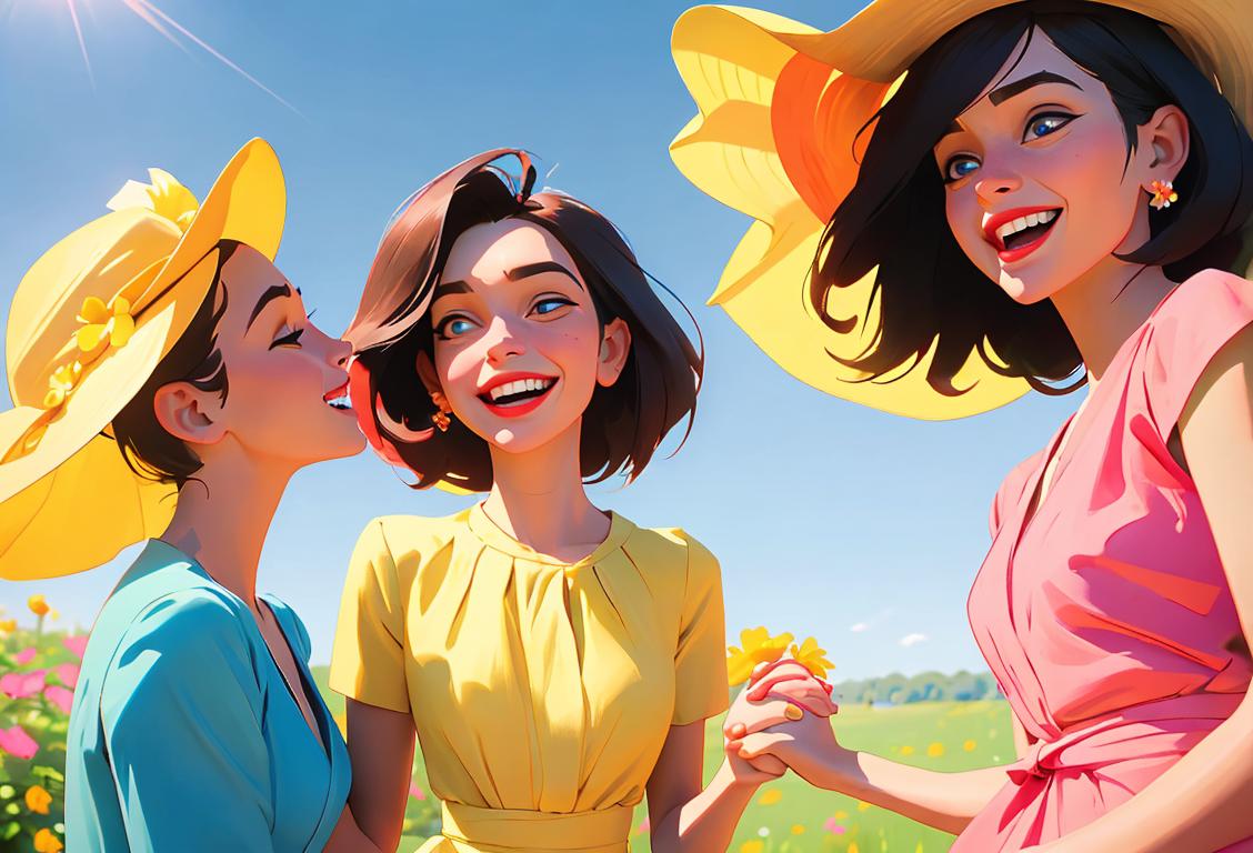 Group of diverse women, laughing and holding hands, wearing colorful summer dresses, surrounded by flowers and sunshine..