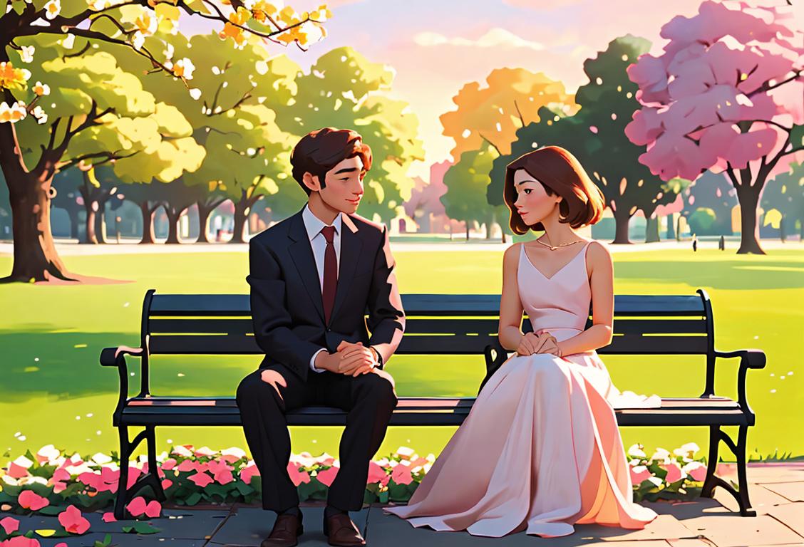 Two people sitting on a park bench, holding hands, surrounded by blooming flowers and a soft sunset, dressed in casual yet elegant attire..