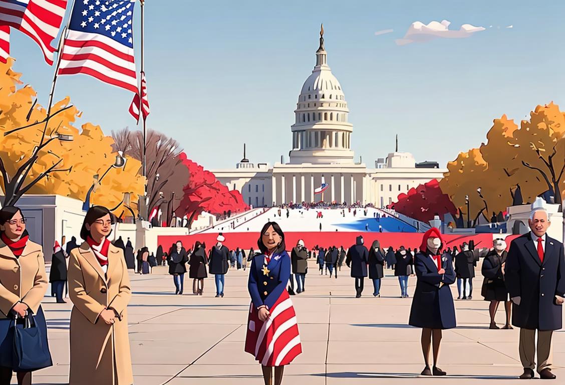 A diverse group of people with patriotic outfits, holding USA flags, on a sunny day at the National Mall..