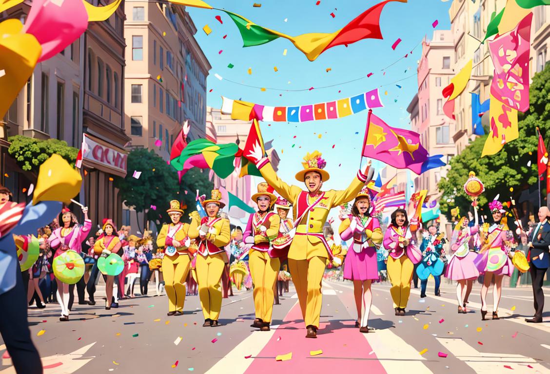 Cheerful parade attendees in vibrant outfits marching along a bustling city street lined with flags and confetti..