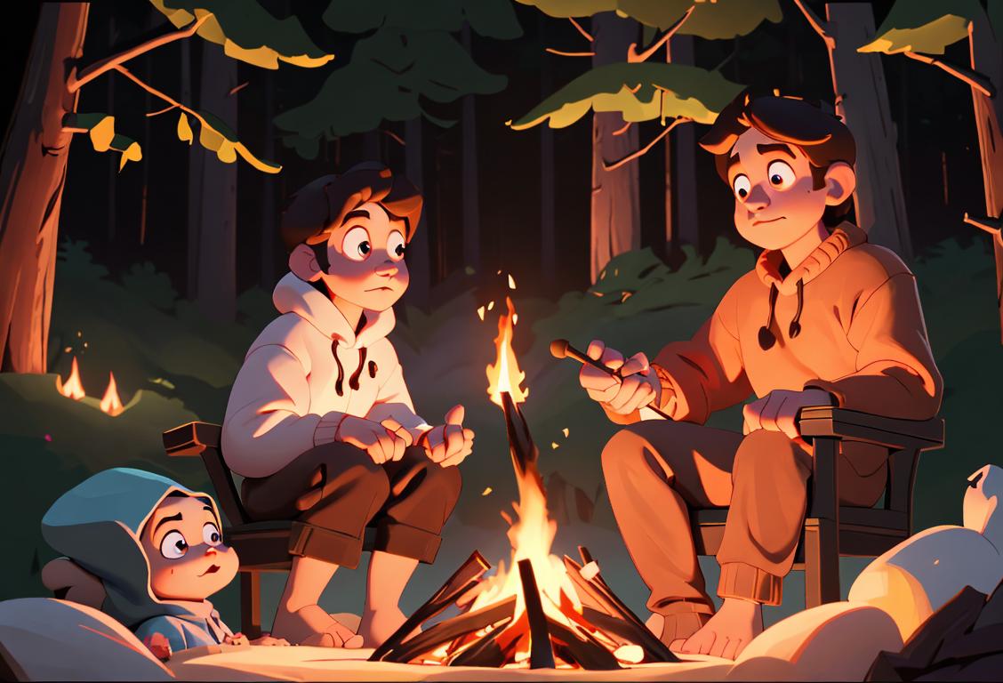 Two friends sitting around a campfire, skewering marshmallows, wearing cozy sweaters, surrounded by a peaceful forest setting..