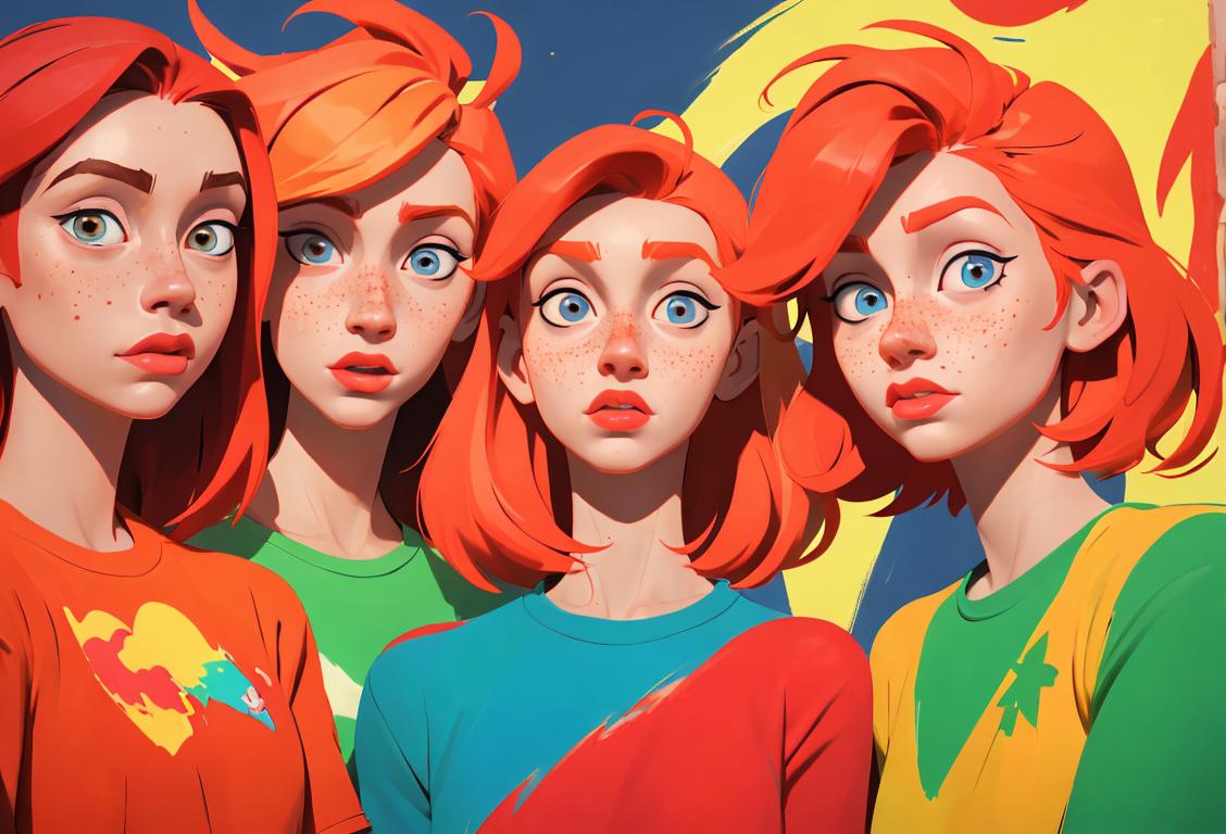 A group of diverse redheads standing in front of a vibrant mural, wearing colorful and trendy outfits, surrounded by freckles and fiery hairstyles..