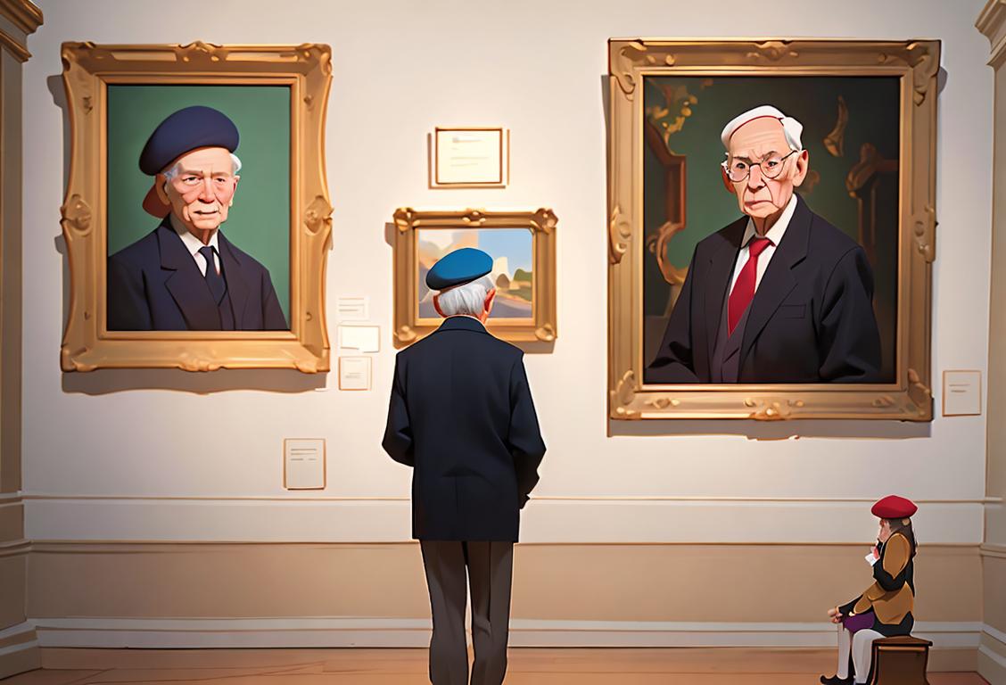 Families of diverse backgrounds exploring a museum together, an elder man wearing a beret admiring a painting, colorful artwork surrounding them..