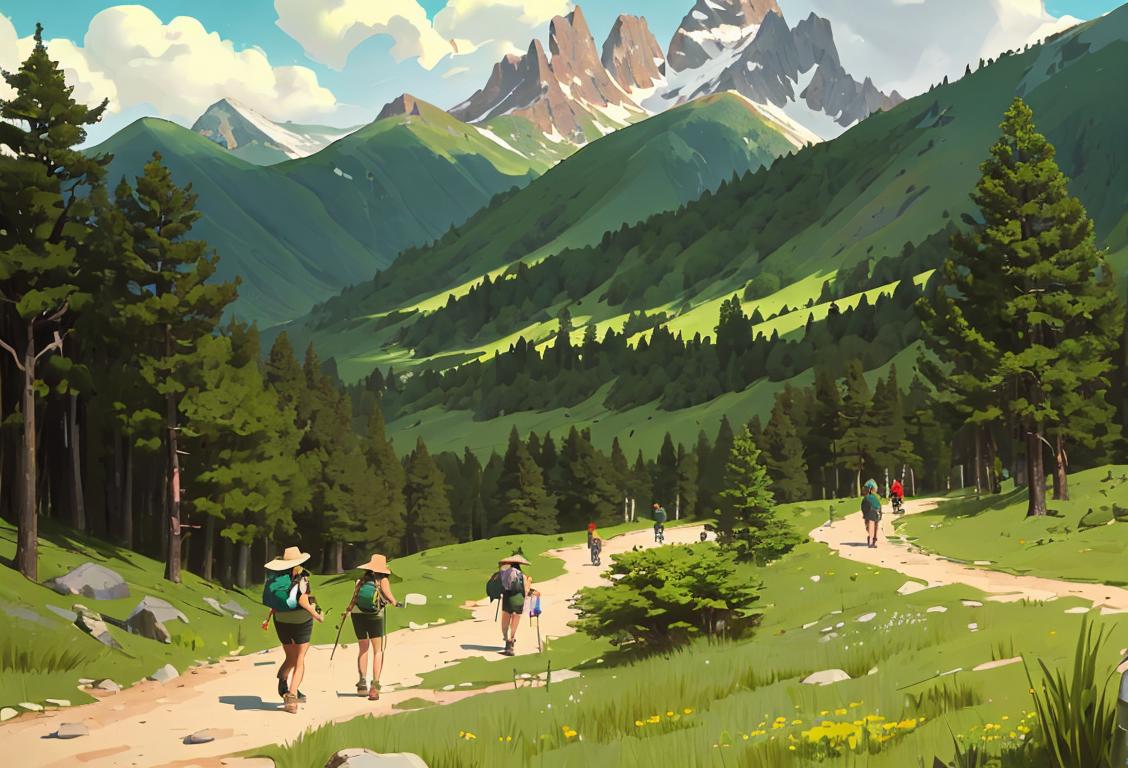 Group of diverse hikers, wearing various outdoor gear, exploring a scenic national park with towering mountains and lush green landscapes..