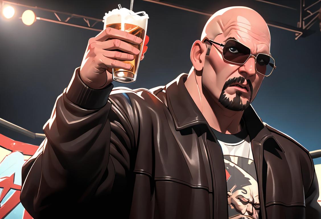 Stone Cold Steve Austin standing tall with a leather jacket, sunglasses, and a frosty beverage in a rowdy wrestling ring.