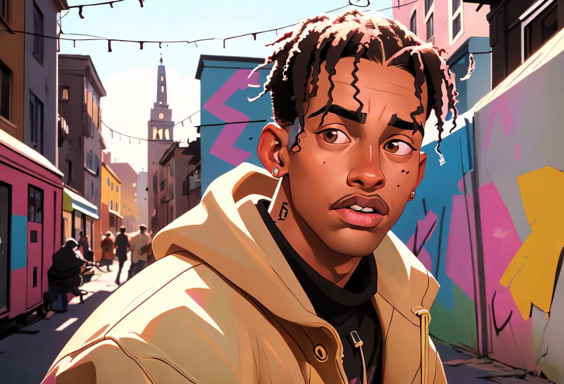 Young man wearing Travis Scott merchandise, stylishly posing in an urban setting with colorful graffiti and a crowd in the background..