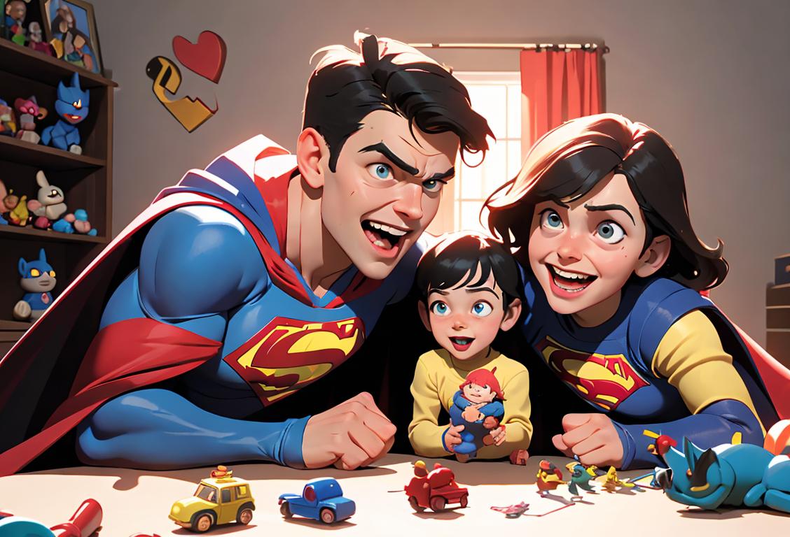 Middle sibling, wearing a superhero cape, surrounded by a playful scene with toys, laughter, and a loving family..