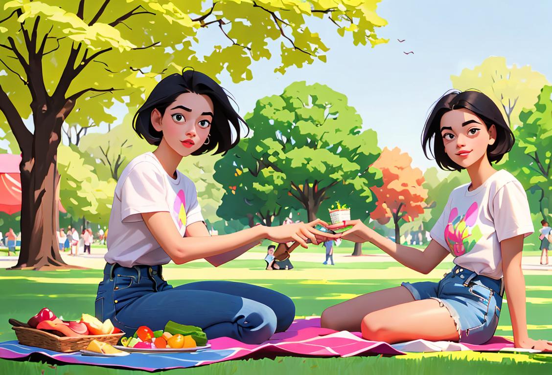 Young woman wearing a kp t-shirt, enjoying a picnic with friends, vibrant park setting, 90s fashion accents..
