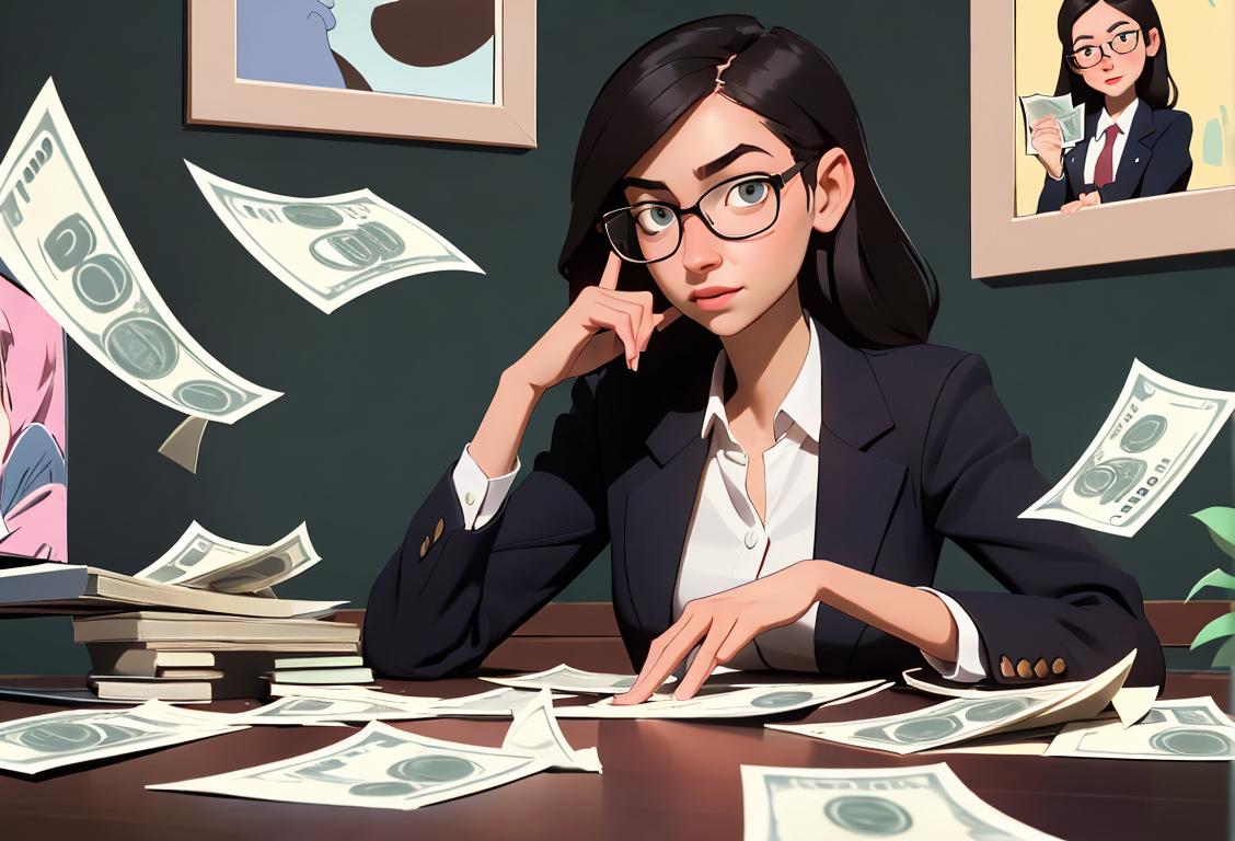 Young woman sitting at a computer, wearing glasses and a business attire, surrounded by money symbolizing the act of transferring money to her daughter..