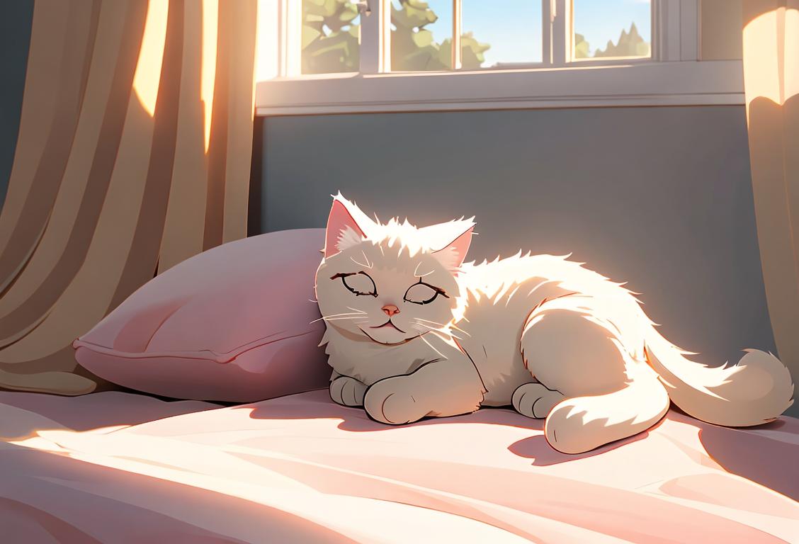 Cozy bedroom with fluffy pillows and a sleeping cat, soft sunlight streaming through the curtains..