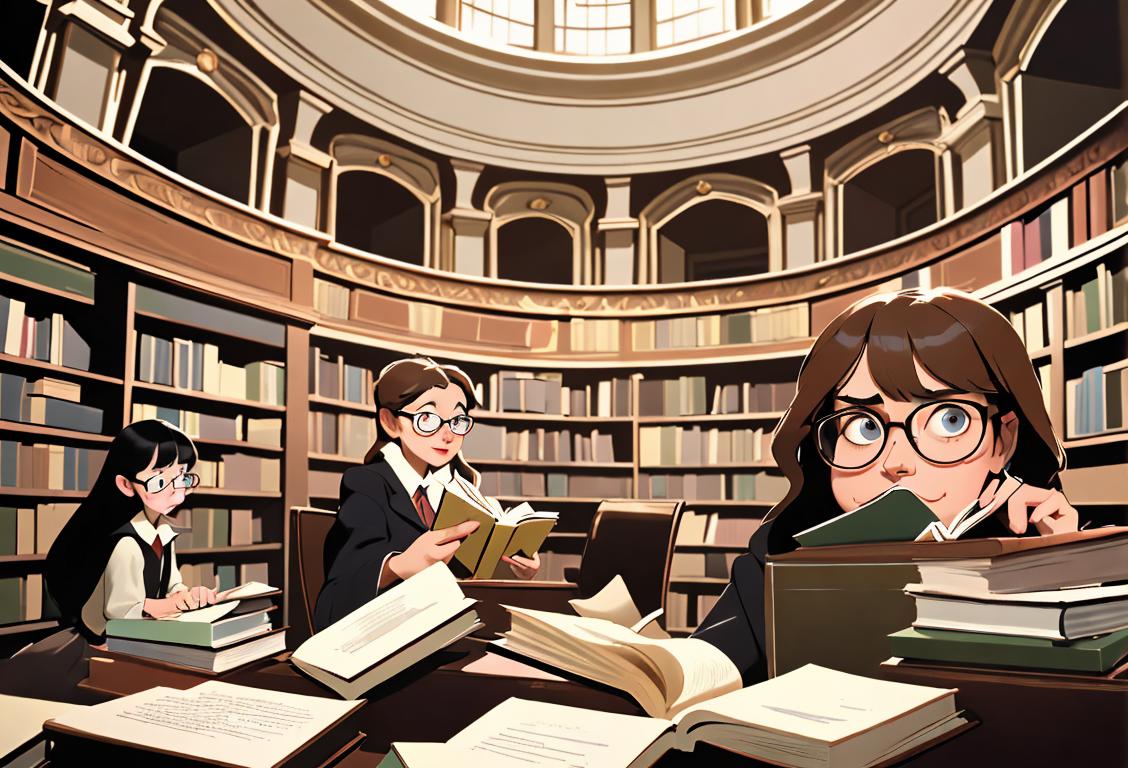 A diverse group of people, each wearing glasses, enthusiastically reading a variety of genres, surrounded by stacks of books in a cozy library..
