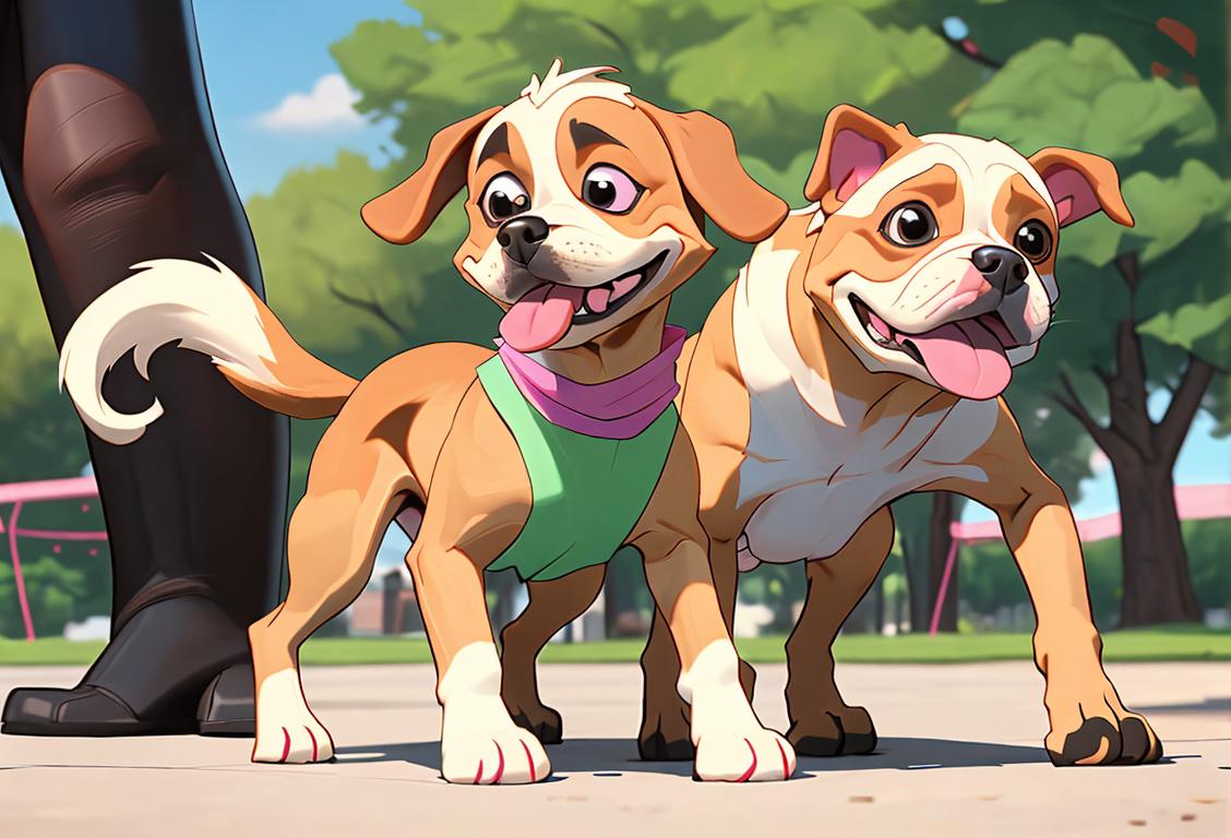 Happy dog with wagging tail, wearing colorful bandana, surrounded by an excited crowd in a park.
