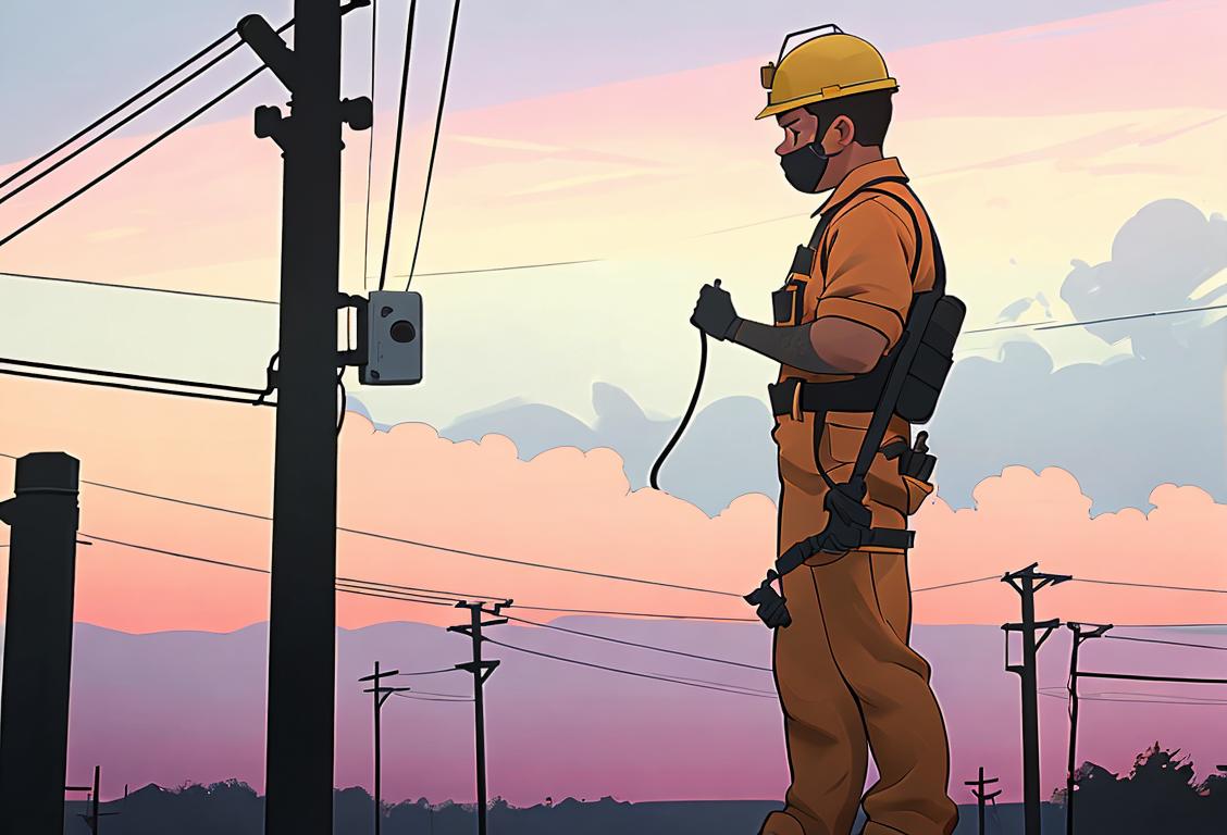A strong, determined lineworker standing atop a utility pole, wearing safety gear and surrounded by a picturesque city landscape..