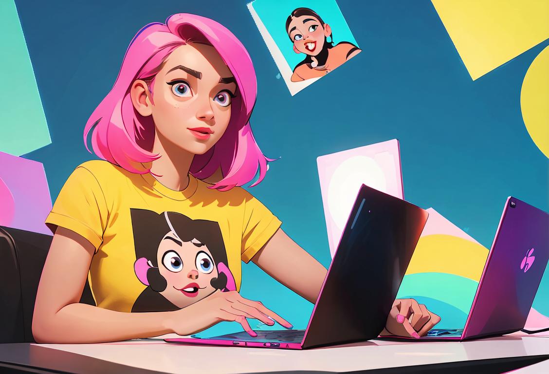 Happy young woman wearing a t-shirt with popular internet memes, surrounded by colorful laptops, gadgets, and trendy tech conference scenery..