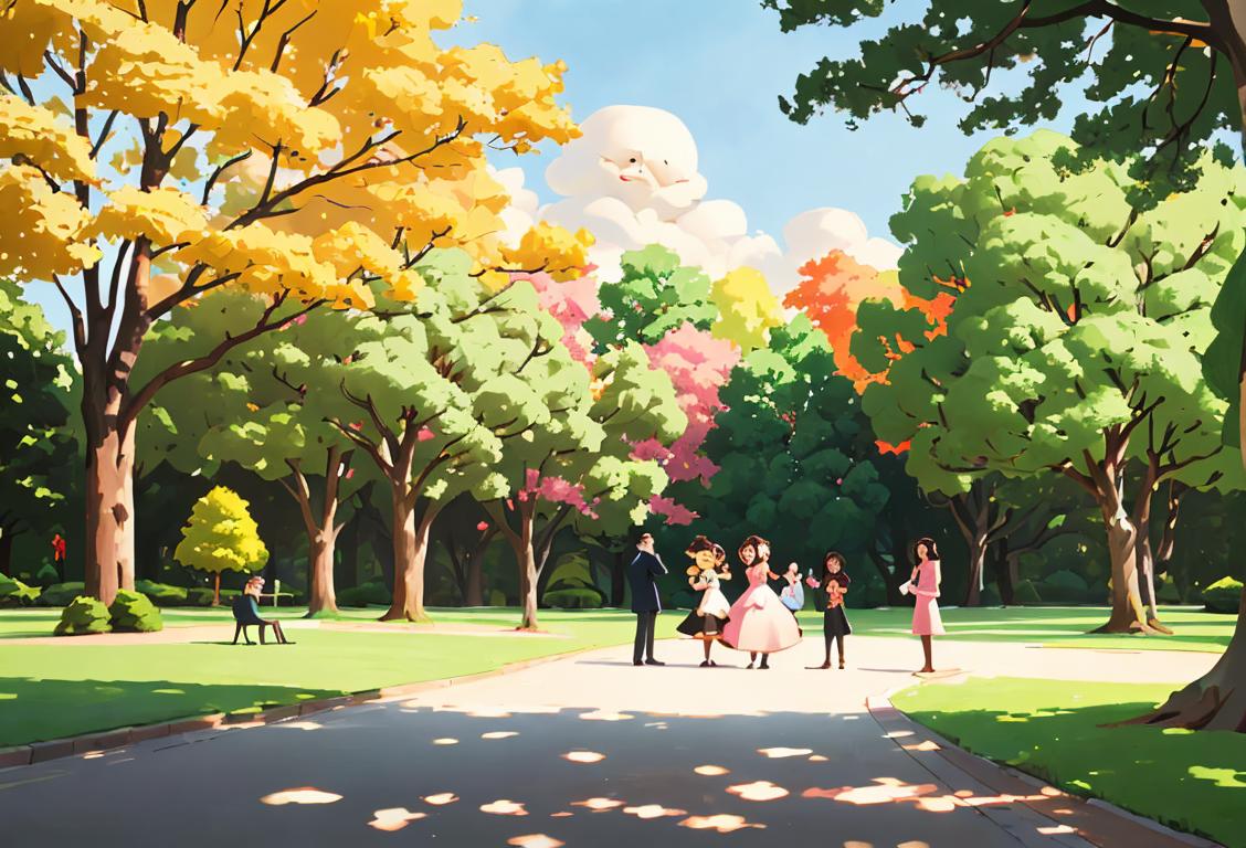 A group of people dressed alike, imitating famous personalities, in a park surrounded by trees and laughter..