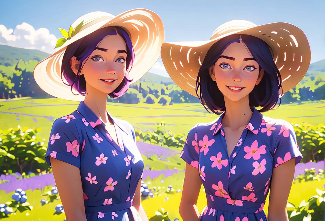 Happy people in a blueberry field, wearing sunhats, floral print dresses and summer fashion, surrounded by beautiful countryside scenery..