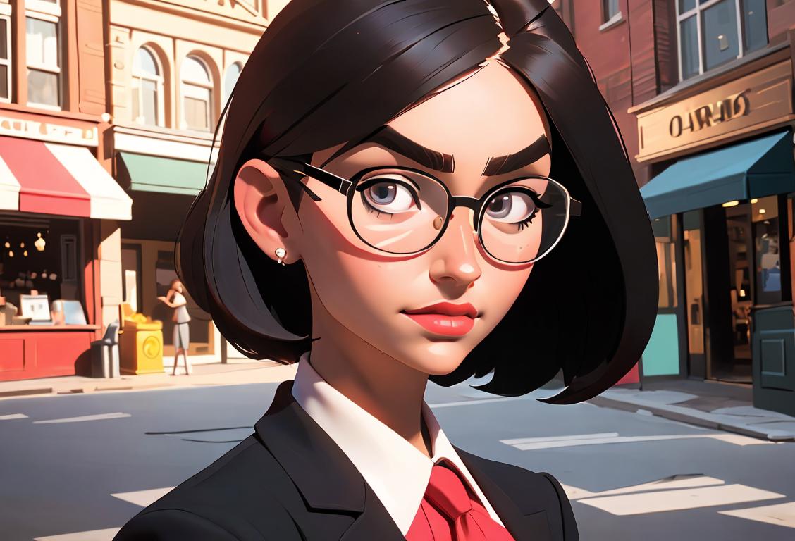 Young woman with perfectly arched eyebrows, wearing trendy glasses, in a vibrant city setting..